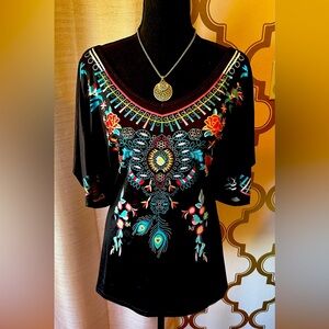 Cold Shoulder Black Top with “Embroidered Look” Turquoise and Red Flowers